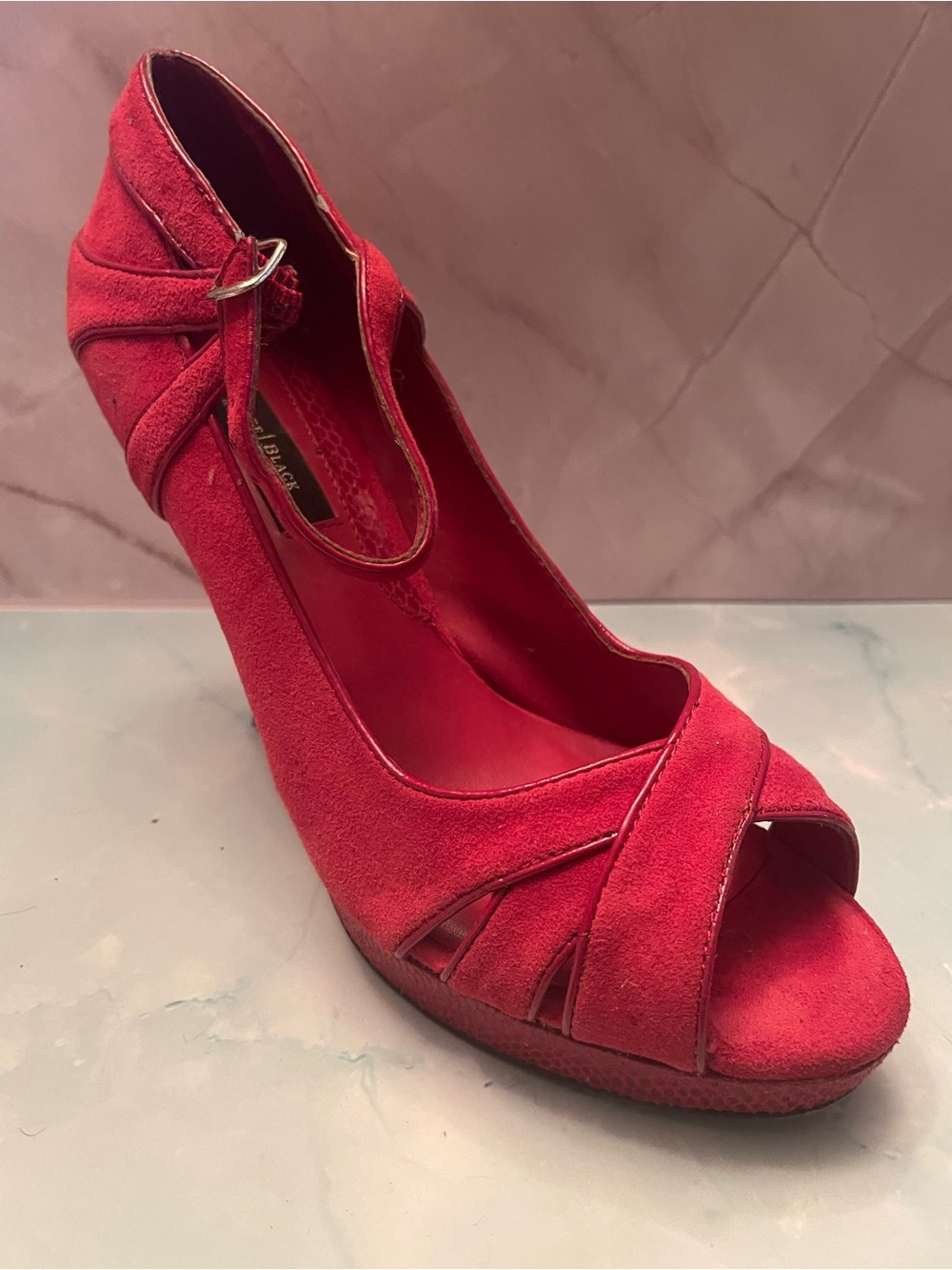 Gently used WHBM Red Suede Peep-Toe High Heel with Ankle Strap